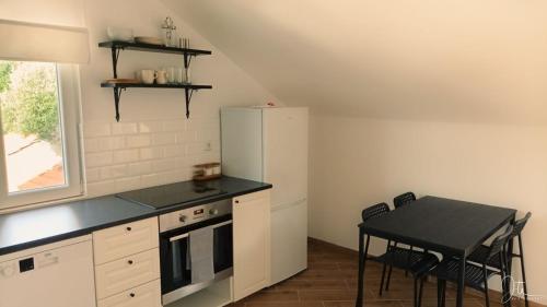 拉斯托伏Apartmani Matiša的一间带桌子和冰箱的小厨房
