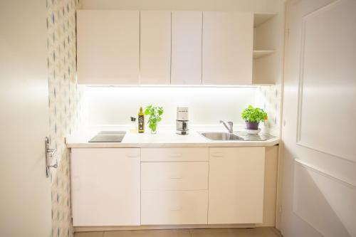 沃尔特湖畔佩莎赫Villa Gabriela的厨房配有白色橱柜和水槽