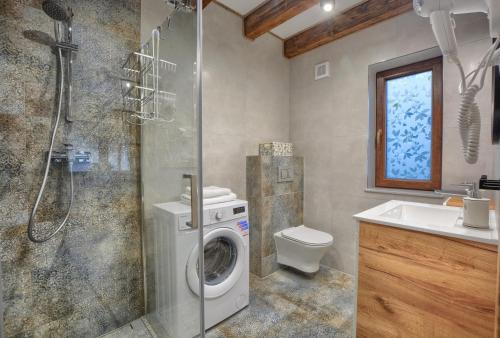 索利纳Chaty na Skalistym Wzgórzu的一间带洗衣机和水槽的浴室