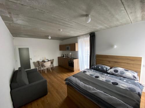 弗尔赫拉比Apartmán pod sjezdovkou的一间卧室配有一张床、一把椅子和一张桌子