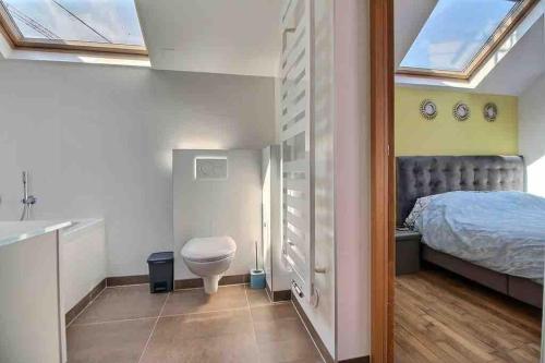 欧奈索斯博伊斯Maison familiale - Gare d'Aulnay的一间卧室配有一张床,浴室设有卫生间