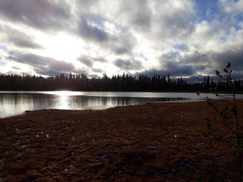 萨拉Karhunkierrospysäkki的享有云天的湖泊美景