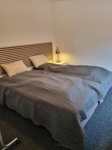 海宁Tæt på Centrum & MCH/Boxen - Huset nr. 11的一间卧室配有一张大床和木制床头板