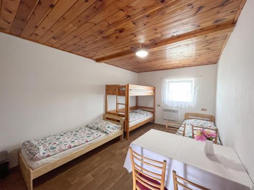 KuchařovicePenzion Hevera的客房设有两张双层床和一张桌子。