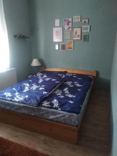 豪伊杜索博斯洛Fejérvári Vendégház的卧室内的一张床铺,上面有蓝色的毯子