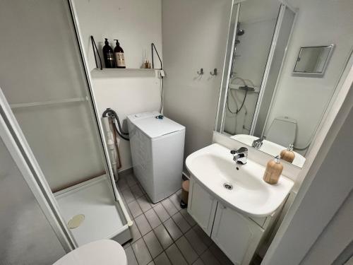 纳尔维克Central trainstation apartment的一间带水槽、淋浴和卫生间的浴室