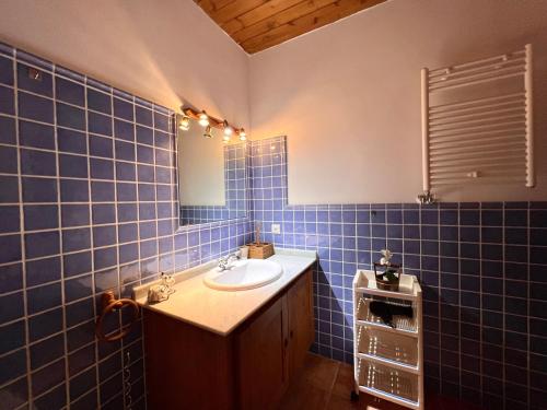 埃斯波特El Raconet d'Espot的蓝色瓷砖浴室设有水槽和镜子