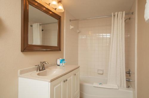 默特尔比奇格兰德舒尔斯酒店的浴室配有盥洗盆和带镜子的淋浴