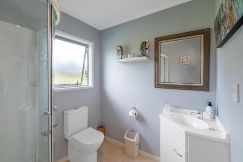 拉塞尔Pukeko Nest的一间带卫生间、水槽和镜子的浴室