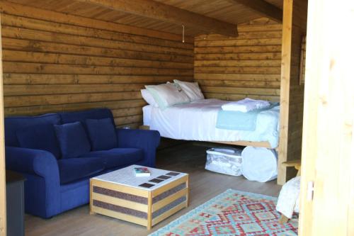 CorscombeKnapp Farm Glamping Lodge 2的一间设有床铺、蓝色沙发和床的房间