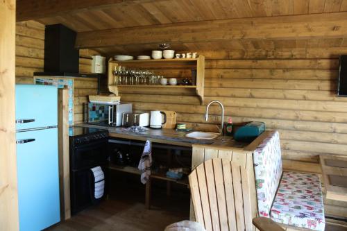 CorscombeKnapp Farm Glamping Lodge 2的一间带柜台和冰箱的厨房