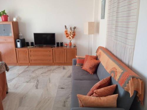 奇克拉纳－德拉弗龙特拉Apartamento La Caracola的客厅配有蓝色的沙发和电视
