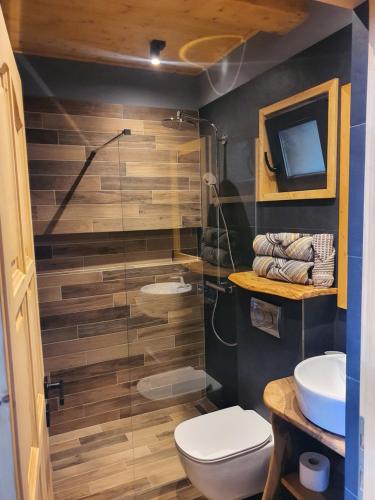 科利比塔La hambare的一间带卫生间和水槽的浴室以及一台电视。