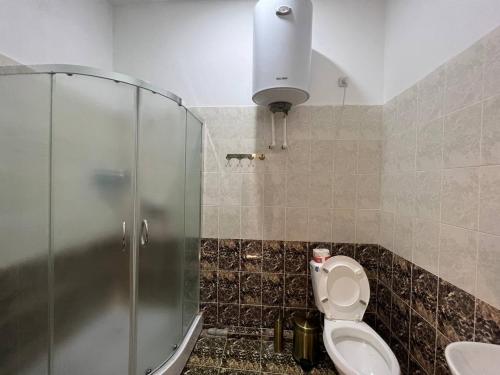 费尔干纳Orom Hotel Fergana的一间带卫生间和玻璃淋浴间的浴室