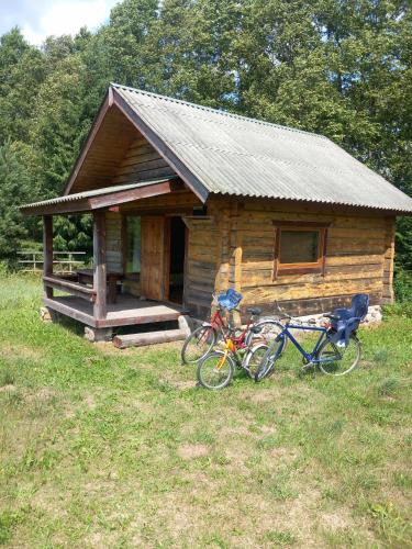 莫雷泰Poilsis Dumblio telmologiniame draustinyje的停放在小木屋前的两辆自行车