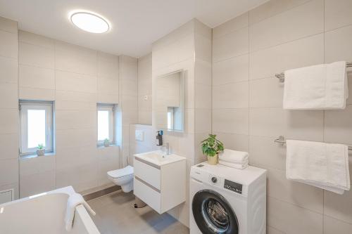 梅森BENVILLE Meißen - Free Parking - Nespresso Kaffee - Stylisch的白色的浴室设有洗衣机和卫生间。