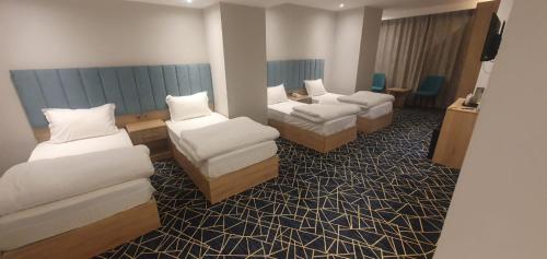 纳杰夫Al-Manahel Royal Hotel的酒店客房,设有两张床和一张沙发