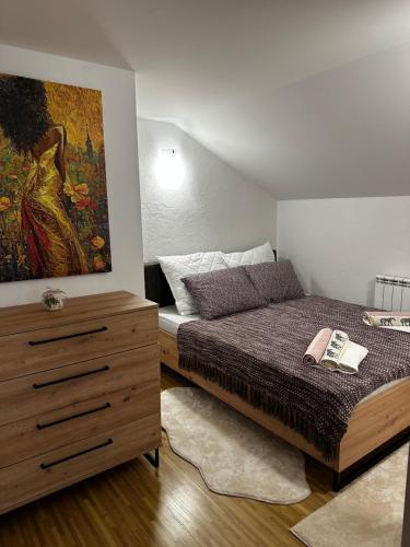 萨拉热窝Villa Mercurii的卧室配有一张床,墙上挂有绘画作品