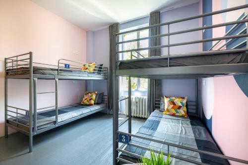 索非亚Bla Bla Hostel的紫色墙壁客房内的两张双层床