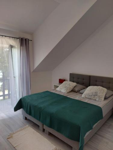 米科瓦伊基Pokoje i apartamenty MatDar的一间卧室配有一张带绿毯的大床