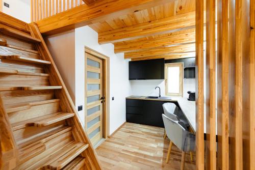 托普利察Terra Resort的房屋内的厨房设有木墙和楼梯