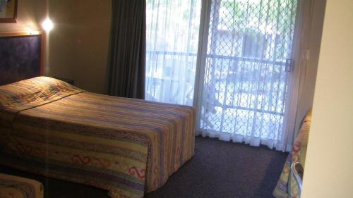 汤斯维尔丛林海滩假日公园的酒店客房设有床和窗户。