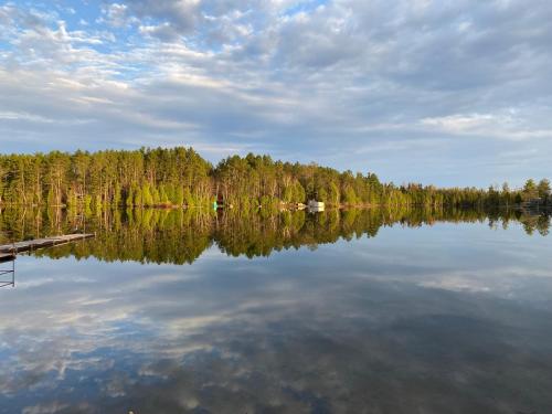 GwinnTwin Pines Lake House的享有背景树木的湖泊美景