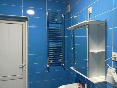 第比利斯Hotel Lilo near Airport的蓝色瓷砖浴室配有淋浴和卫生间。