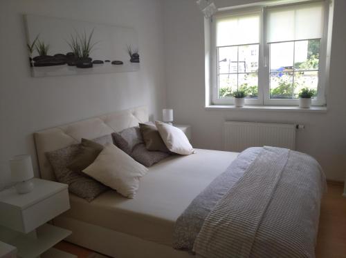 Mimoňu koupaliste的白色客房的一张床位,设有两个窗户