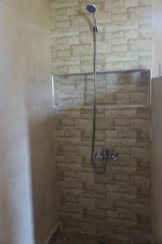 Aïn Bou MahdiRelais De Tahla的带淋浴的浴室,浴室设有砖墙