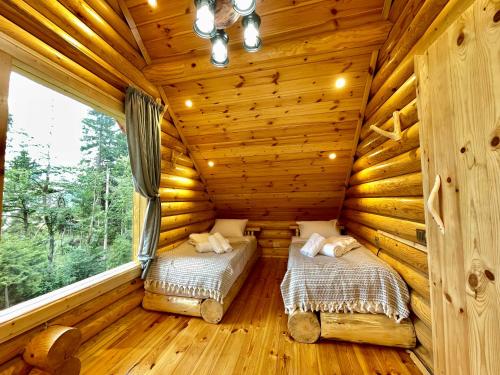 KhuloCottage farvana的小木屋内的两张床,设有窗户