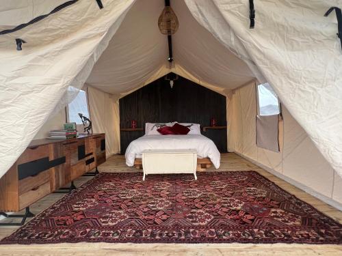 特灵瓜Rancho de los Arboles Muertos的帐篷内的卧室,配有一张床和地毯