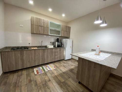 伊瓜苏港Taroba Apart的厨房配有木制橱柜和白色冰箱。