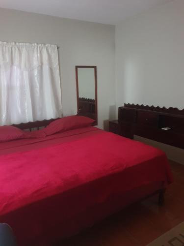 Gwa KayCampbell's living accommodations.的一间卧室配有红色的床和镜子