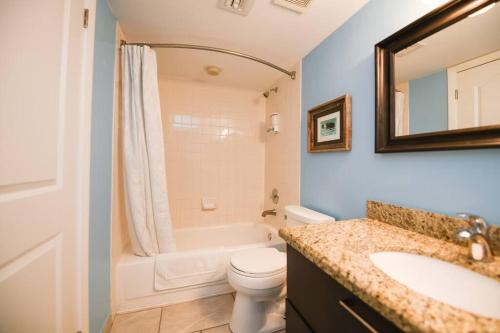 塔维涅Welcome to the Pelican Lodge !的一间带水槽、卫生间和镜子的浴室