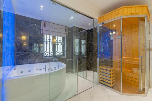 Kinh DinhVILLA PARK的带浴缸和玻璃淋浴间的浴室。