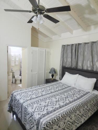 法尔茅斯Stonebrook Villa的一间卧室配有一张带吊扇的床