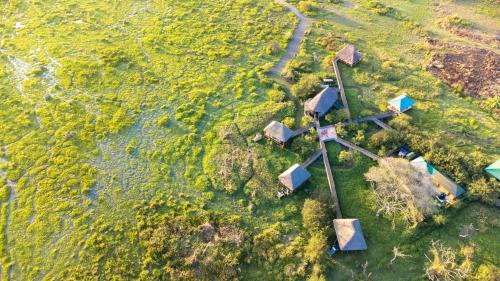 ItongaLittle Okavango Camp Serengeti, A Tent with a View Safaris的地面上一组房屋的空中景观