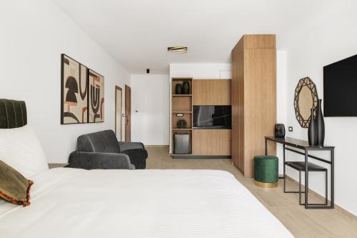 约阿尼纳Cens Bronze Luxury Suites的一间卧室设有一张床和一间客厅。
