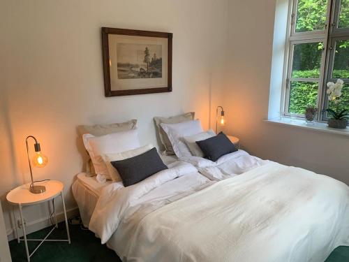 尼克宾法尔斯特Værelse ved Nykøbing F.的一间卧室配有两张带枕头的床。