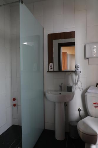 普里兹伦Hotel Hiserra的一间带水槽、卫生间和镜子的浴室