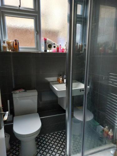 伦敦White Hart Lane walking distance Tottenham Hotspur Stadium的浴室配有卫生间、盥洗盆和淋浴。