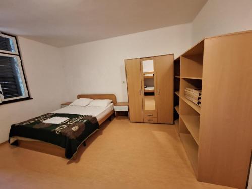 诺维格勒伊斯特拉Youth Hostel Pinesta的一间带床和橱柜的小卧室