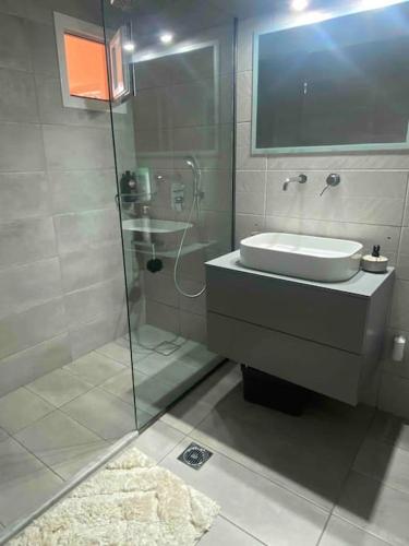 DidymaDidima apartment的一间带玻璃淋浴和水槽的浴室