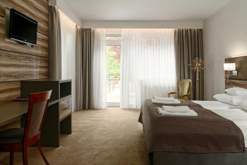 格但斯克Hotel Villa Eva的配有一张床和一张书桌的酒店客房