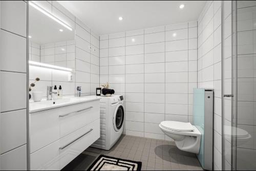 奥斯陆Private room in sharded apartment at Løren的白色的浴室内配有洗衣机。
