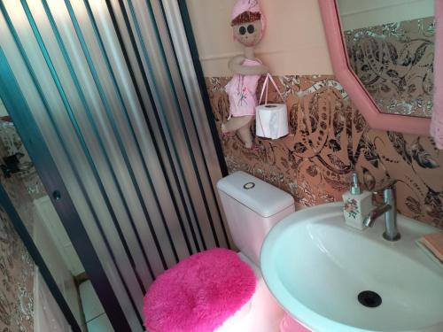 波科内Barco Casa Pantanal Toca da Onça的一间带粉红色卫生间和盥洗盆的浴室
