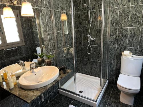 拉布鲁吉Casa de Praia Guest House的带淋浴、卫生间和盥洗盆的浴室
