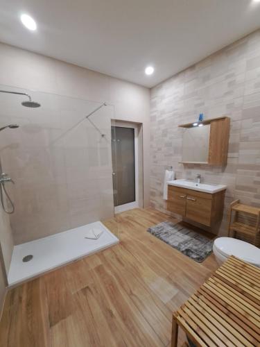 马尔萨斯卡拉B&S Accommodation Seafront Duplex Penthouse的带淋浴、卫生间和盥洗盆的浴室