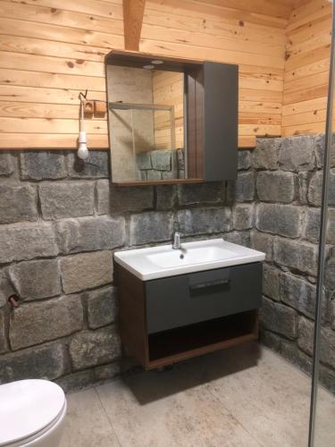 贾马里海姆森Şeni Bungalow的一间带水槽和石墙的浴室